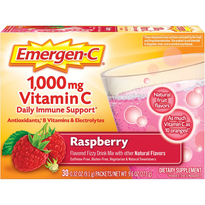 Image of Emergen-C 30201 Raspberry Vitamin C Drink Mix, For Immune Support, Fruit, Raspberry, 30/Pack, 30 / Box