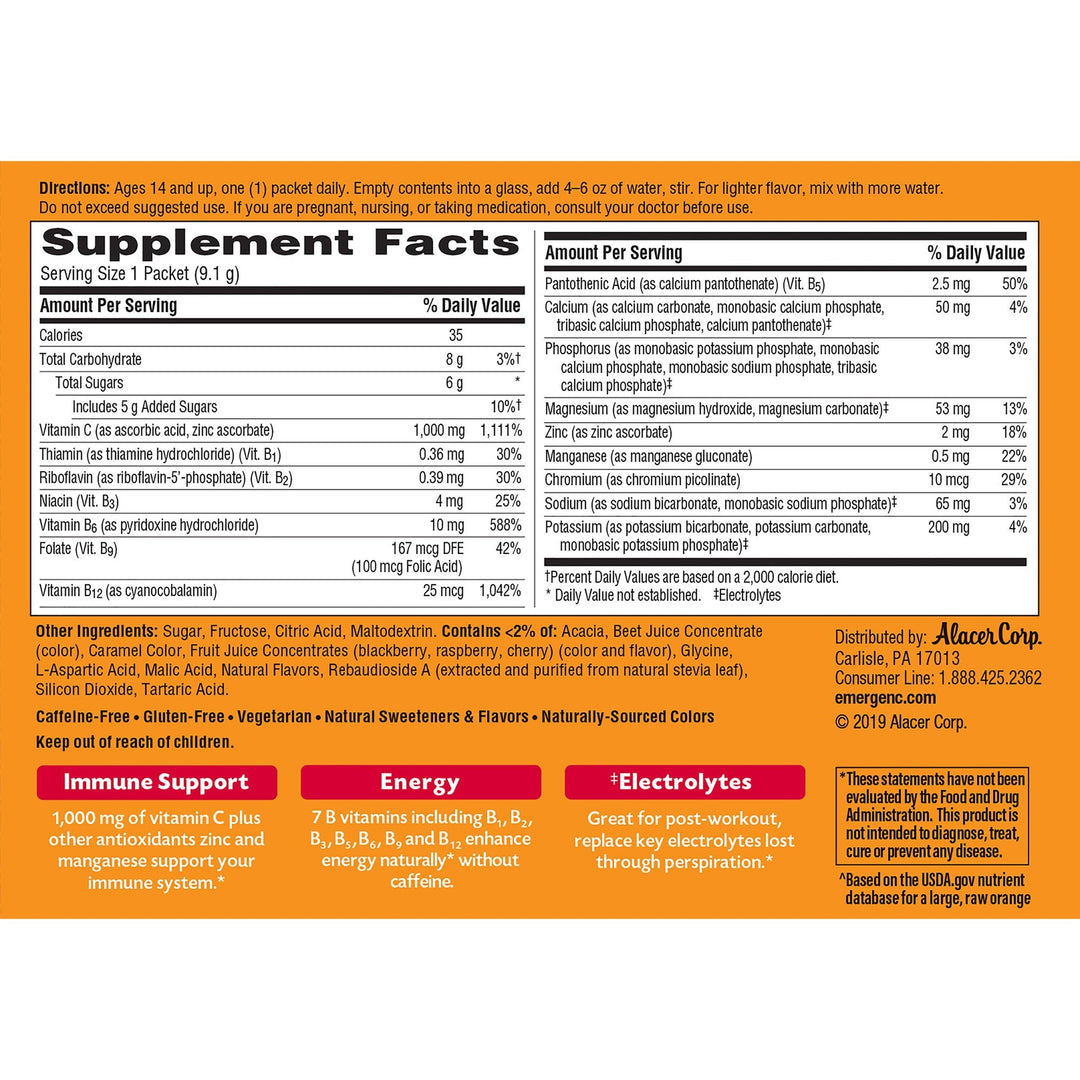Image of Emergen-C 30201 Raspberry Vitamin C Drink Mix, For Immune Support, Fruit, Raspberry, 30/Pack, 30 / Box