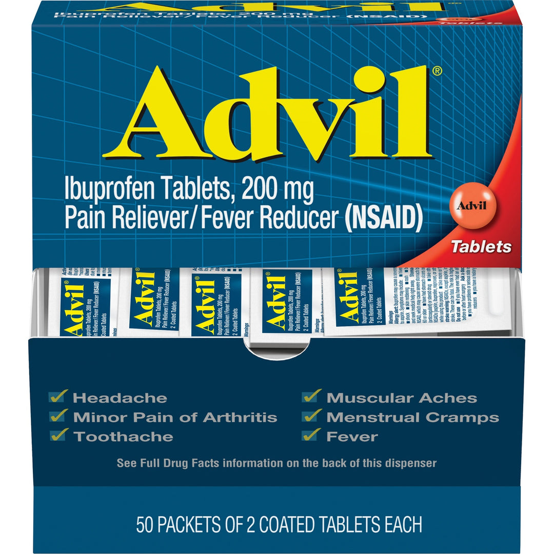 Image of Advil 15489 Ibuprofen Tablets, For Pain, Headache, Backache, Menstrual Cramp, Joint Pain, Fever, 50 Packets/Box, 1 Box