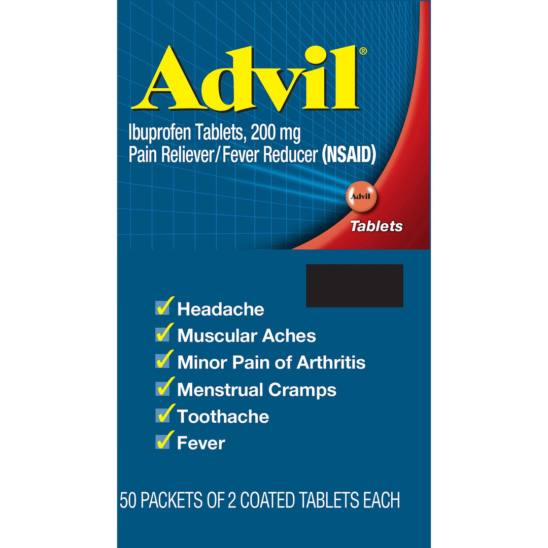 Image of Advil 15489 Ibuprofen Tablets, For Pain, Headache, Backache, Menstrual Cramp, Joint Pain, Fever, 50 Packets/Box, 1 Box