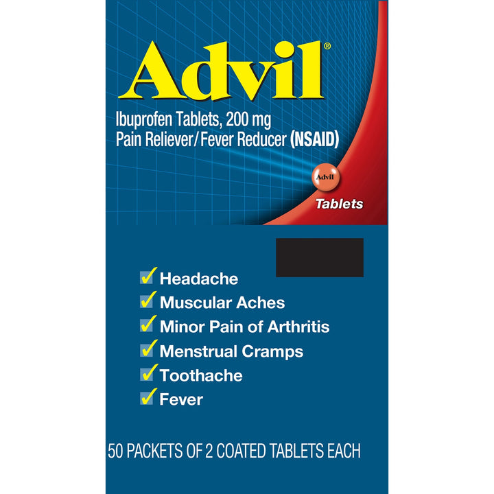 Image of Advil 15489 Ibuprofen Tablets, For Pain, Headache, Backache, Menstrual Cramp, Joint Pain, Fever, 50 Packets/Box, 1 Box