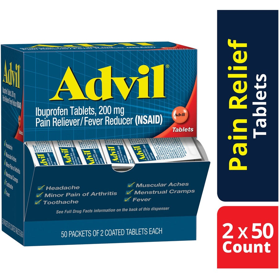 Image of Advil 15489 Ibuprofen Tablets, For Pain, Headache, Backache, Menstrual Cramp, Joint Pain, Fever, 50 Packets/Box, 1 Box