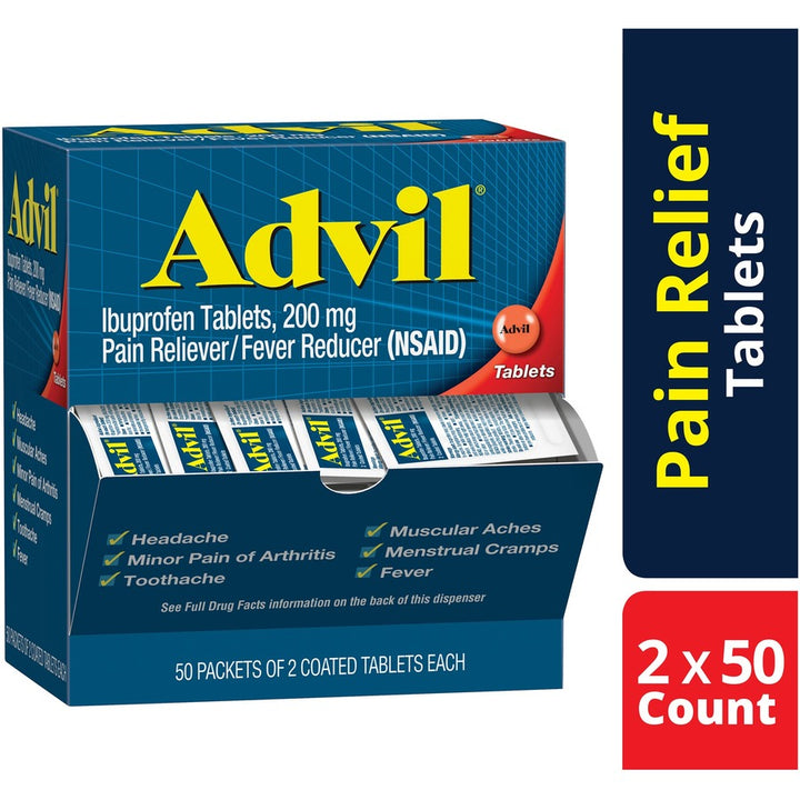 Image of Advil 15489 Ibuprofen Tablets, For Pain, Headache, Backache, Menstrual Cramp, Joint Pain, Fever, 50 Packets/Box, 1 Box
