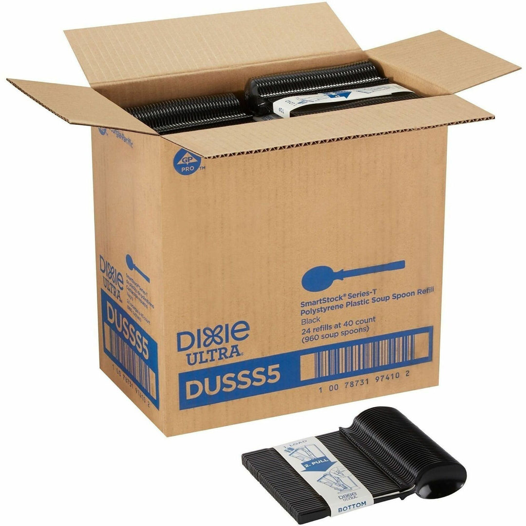 Image of SmartStock DUSSS5 Spoon, Soup Spoon, 40 x Soup Spoon, Disposable, Black, 24 / Carton