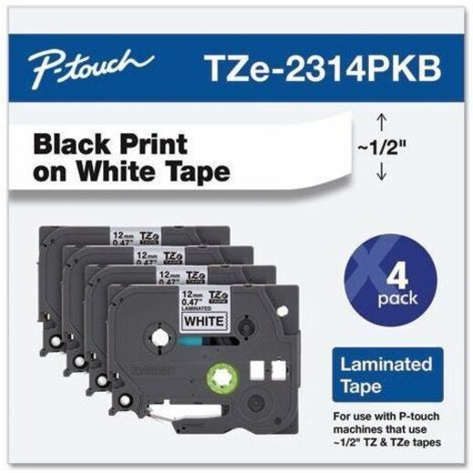 Image of Brother TZE2314PKB P-touch TZe Label Tape, Rectangle, Black on White, Plastic, Water Resistant, Laminated, 4 / Pack