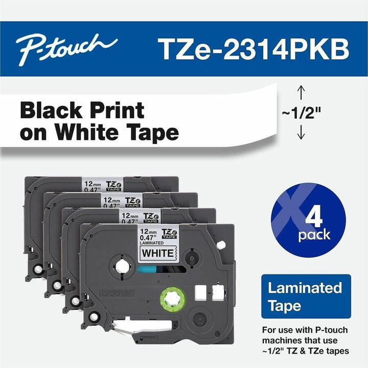 Image of Brother TZE2314PKB P-touch TZe Label Tape, Rectangle, Black on White, Plastic, Water Resistant, Laminated, 4 / Pack