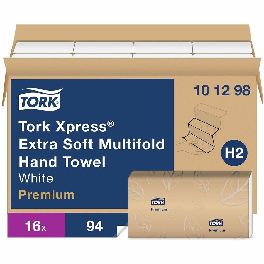 Image of TORK 101298 Xpress Extra Soft Multifold Hand Towels, 2 Ply, Multifold, 9.13" W x 12.80" Length, White, Virgin Pulp, Virgin Fiber, 16 / Carton