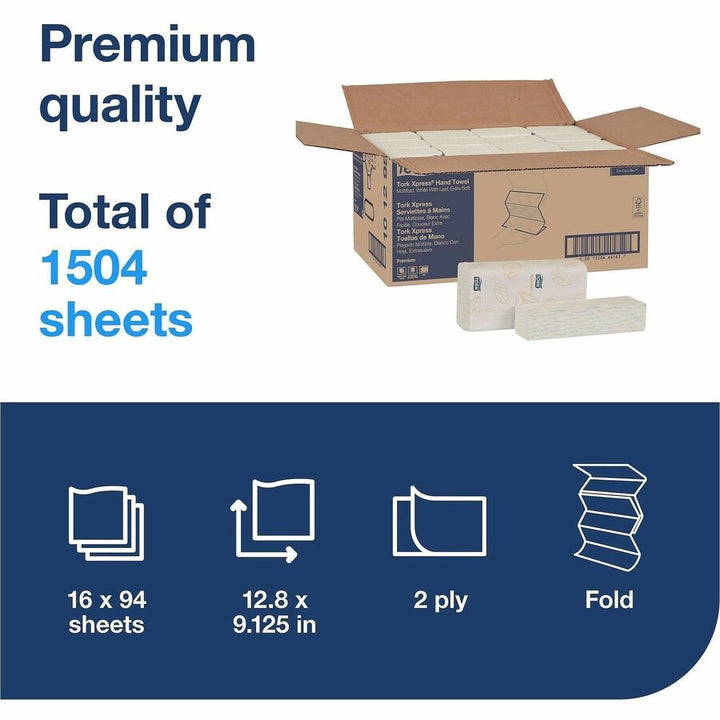 Image of TORK 101298 Xpress Extra Soft Multifold Hand Towels, 2 Ply, Multifold, 9.13" W x 12.80" Length, White, Virgin Pulp, Virgin Fiber, 16 / Carton