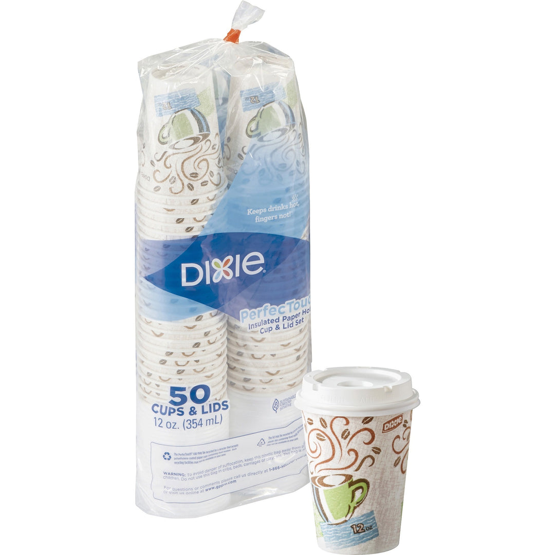 Image of Dixie 5342COMBO6 PerfecTouch 12 oz Hot Coffee Cup and Lid Sets by GP Pro, 12 fl oz, White, Paper, Hot Drink, Coffee, Beverage, 50 / Pack