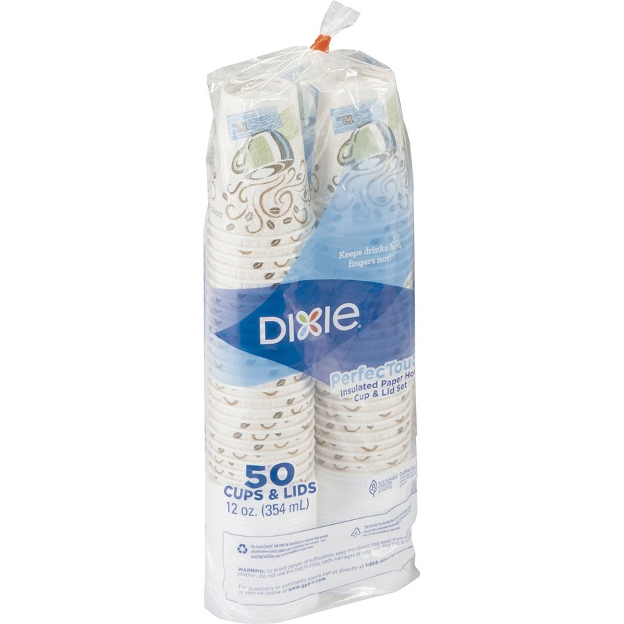 Image of Dixie 5342COMBO6 PerfecTouch 12 oz Hot Coffee Cup and Lid Sets by GP Pro, 12 fl oz, White, Paper, Hot Drink, Coffee, Beverage, 50 / Pack