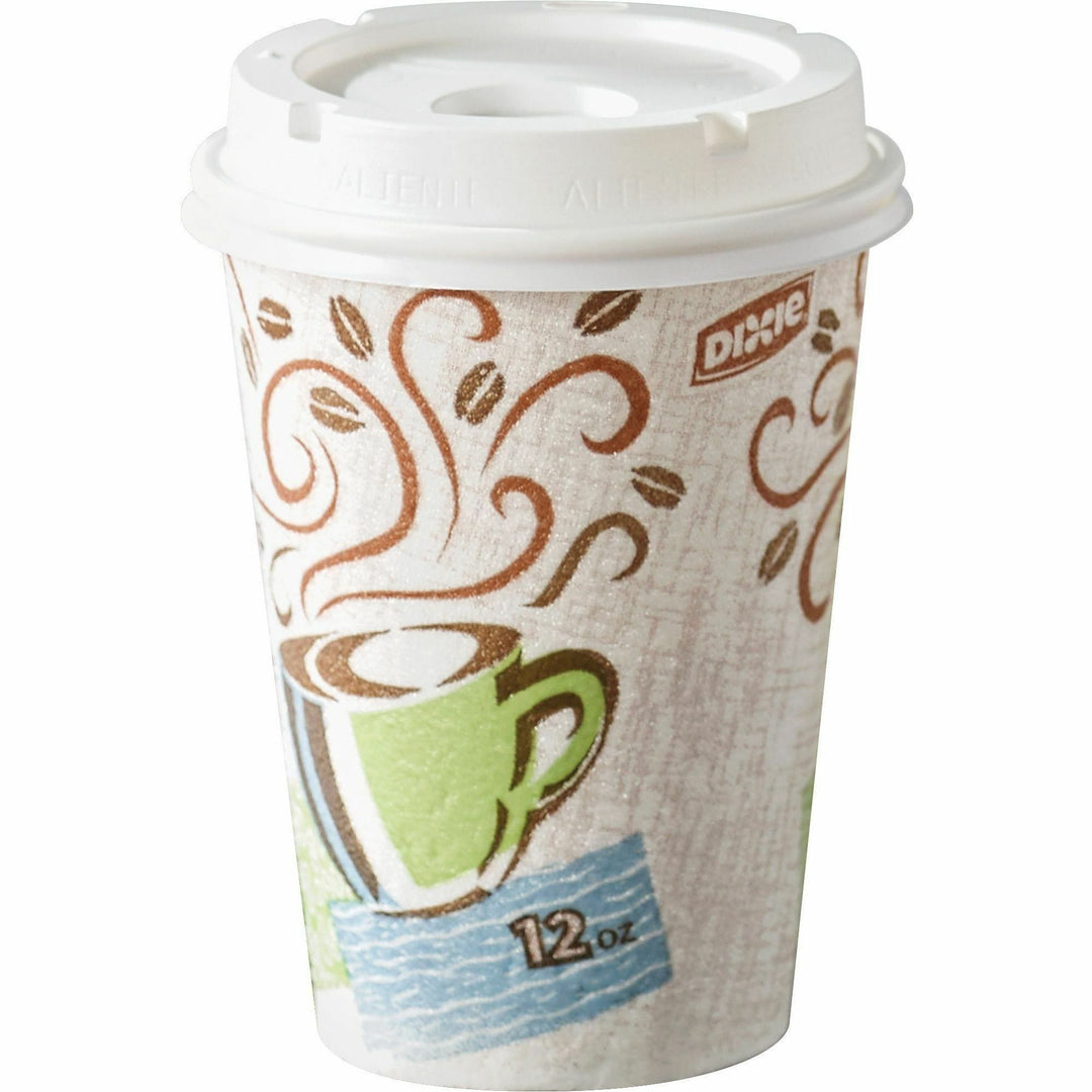 Image of Dixie 5342COMBO6 PerfecTouch 12 oz Hot Coffee Cup and Lid Sets by GP Pro, 12 fl oz, White, Paper, Hot Drink, Coffee, Beverage, 50 / Pack