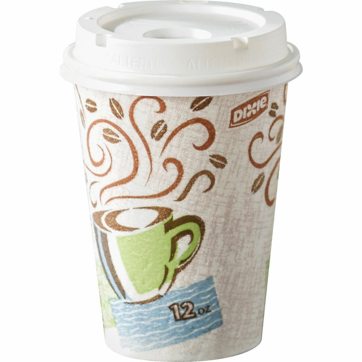 Image of Dixie 5342COMBO6 PerfecTouch 12 oz Hot Coffee Cup and Lid Sets by GP Pro, 12 fl oz, White, Paper, Hot Drink, Coffee, Beverage, 50 / Pack