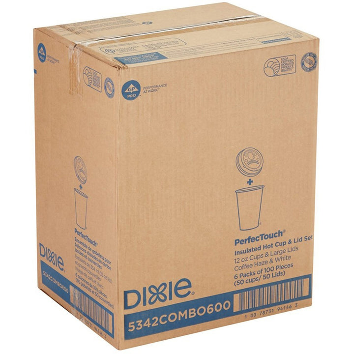 Image of Dixie 5342COMBO6 PerfecTouch 12 oz Hot Coffee Cup and Lid Sets by GP Pro, 12 fl oz, White, Paper, Hot Drink, Coffee, Beverage, 50 / Pack