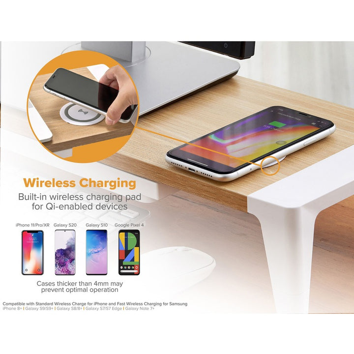Image of Bostitch® Wooden Monitor Stand with Wireless Charging Pad, 9.8" x 26.77" x 4.13", White