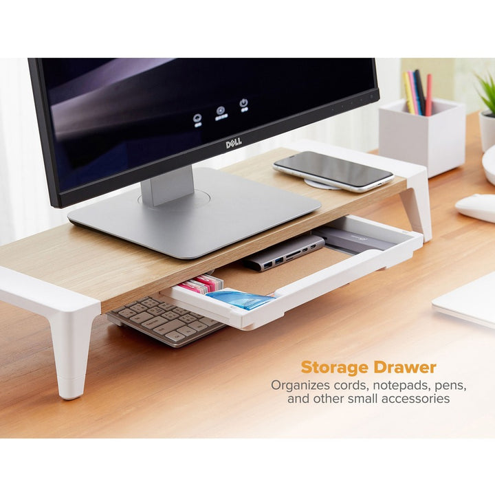 Image of Bostitch® Wooden Monitor Stand with Wireless Charging Pad, 9.8" x 26.77" x 4.13", White