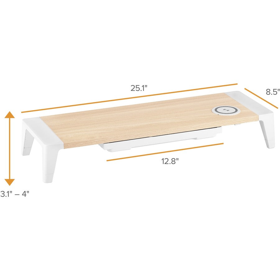 Image of Bostitch® Wooden Monitor Stand with Wireless Charging Pad, 9.8" x 26.77" x 4.13", White