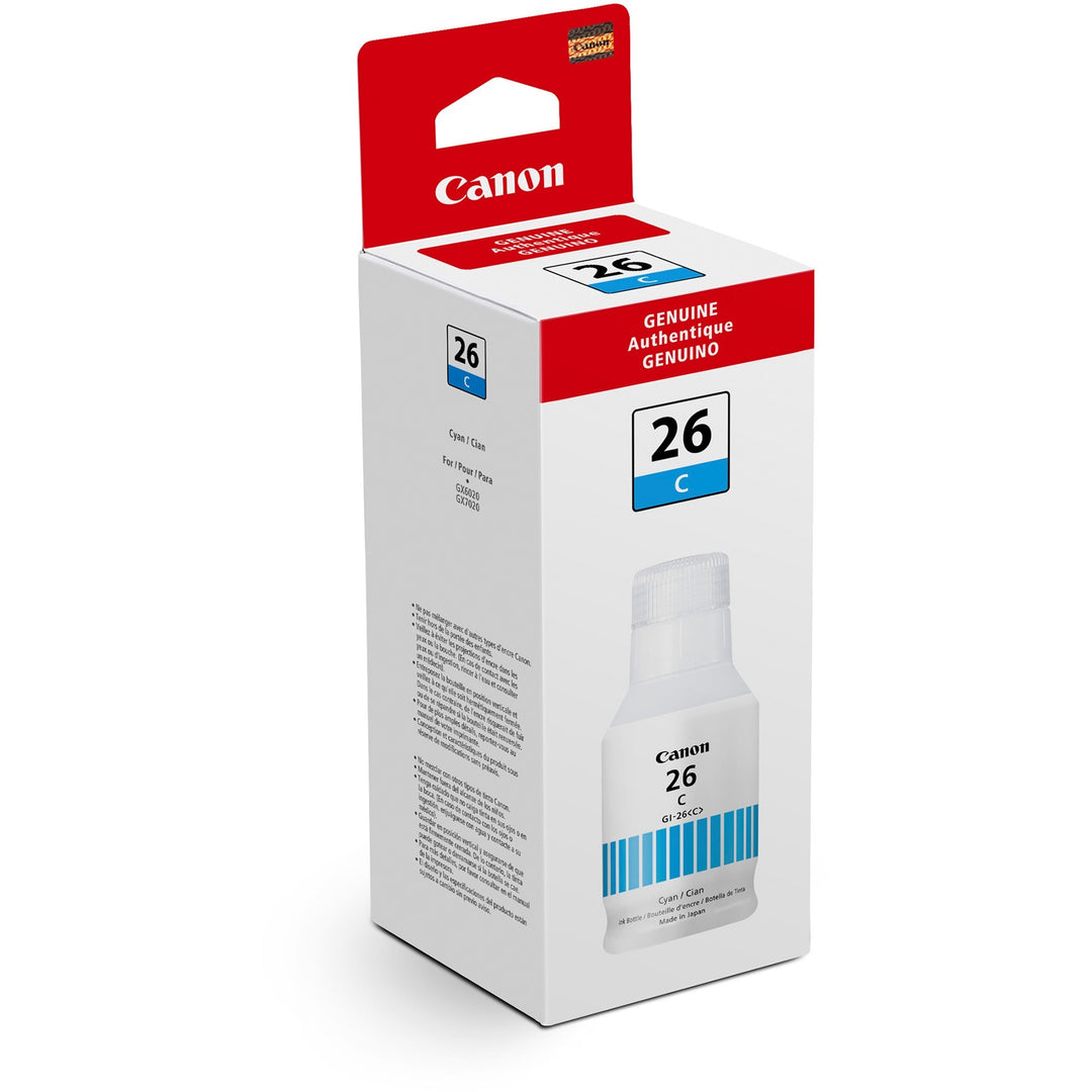 Image of Canon GI-26c GI-26 Pigment Color Ink Bottle, Inkjet, Cyan, 14000 Pages, 132 mL, 1 Each