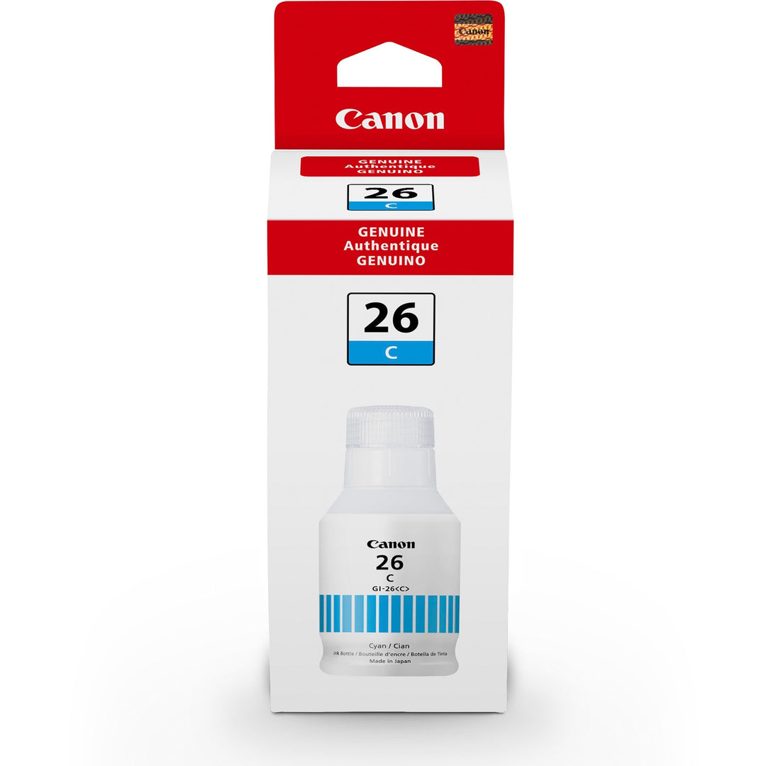 Image of Canon GI-26c GI-26 Pigment Color Ink Bottle, Inkjet, Cyan, 14000 Pages, 132 mL, 1 Each