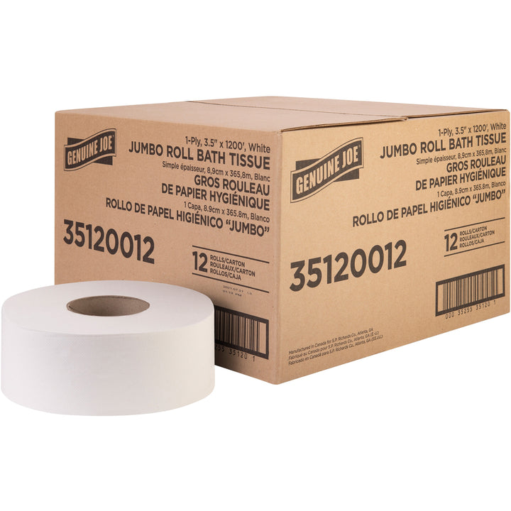 Image of Genuine Joe Bath Tissue Roll,Jumbo,1-Ply,3.63"x1200',8.88"Dia,12/CT, WE