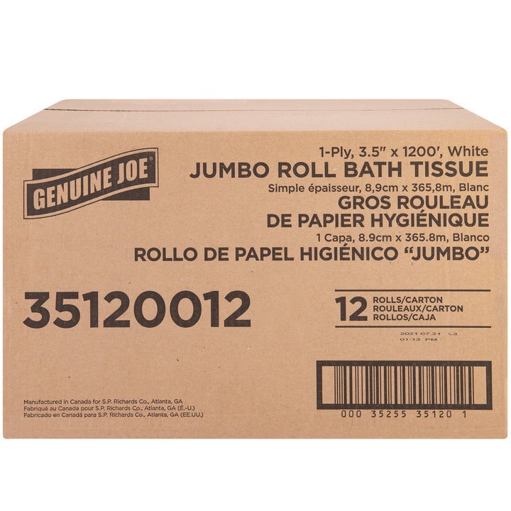 Image of Genuine Joe Bath Tissue Roll,Jumbo,1-Ply,3.63"x1200',8.88"Dia,12/CT, WE