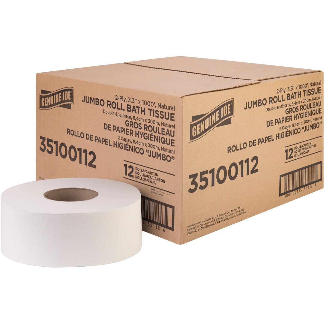 Image of Genuine Joe Bath Tissue Roll,Jumbo,2-Ply,3.3"x1000',8.88"Dia,12/CT, WE