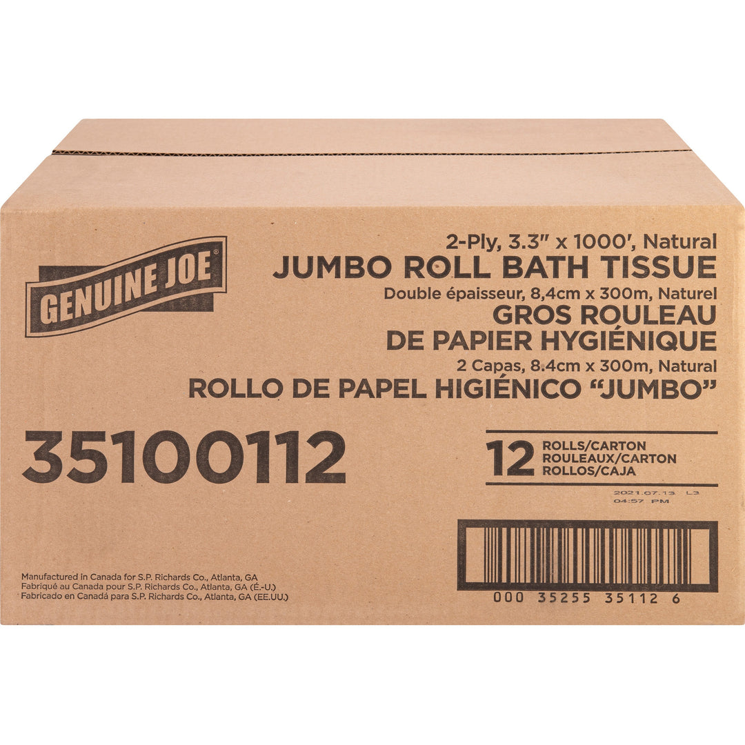 Image of Genuine Joe Bath Tissue Roll,Jumbo,2-Ply,3.3"x1000',8.88"Dia,12/CT, WE