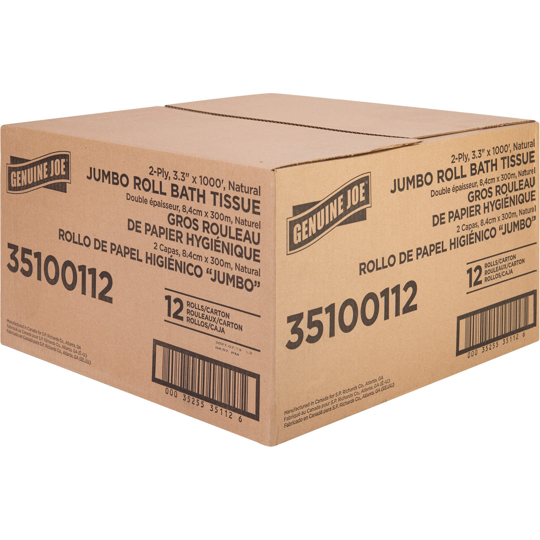 Image of Genuine Joe Bath Tissue Roll,Jumbo,2-Ply,3.3"x1000',8.88"Dia,12/CT, WE