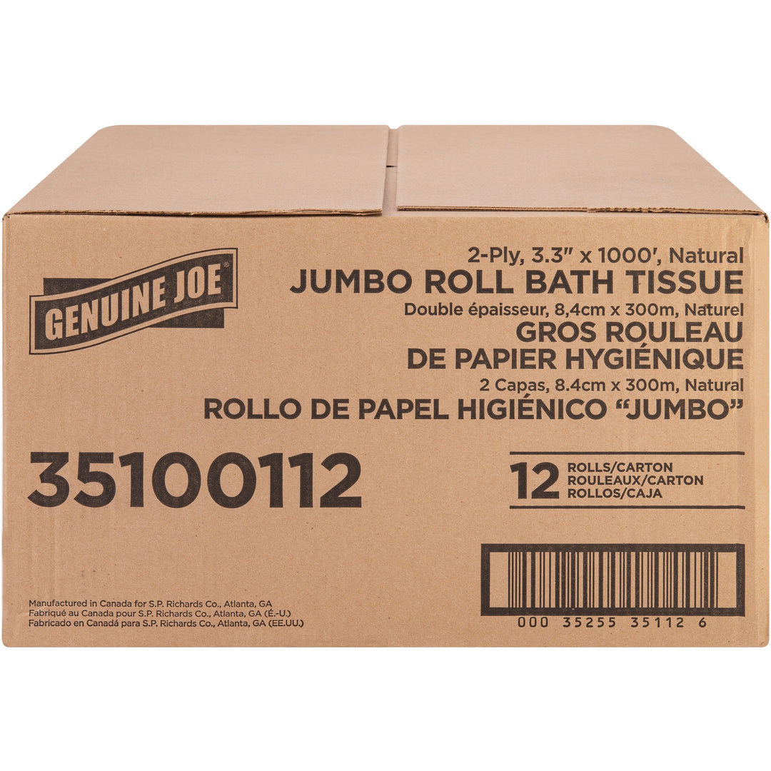 Image of Genuine Joe Bath Tissue Roll,Jumbo,2-Ply,3.3"x1000',8.88"Dia,12/CT, WE