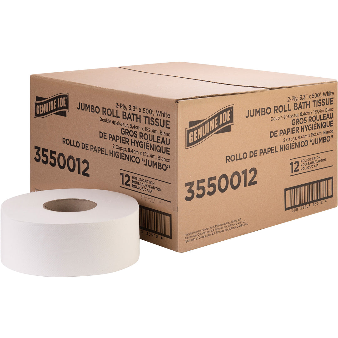 Image of Genuine Joe Bath Tissue Roll,Jumbo,2-Ply,3.3"x500',8.88"Dia,12/CT, WE
