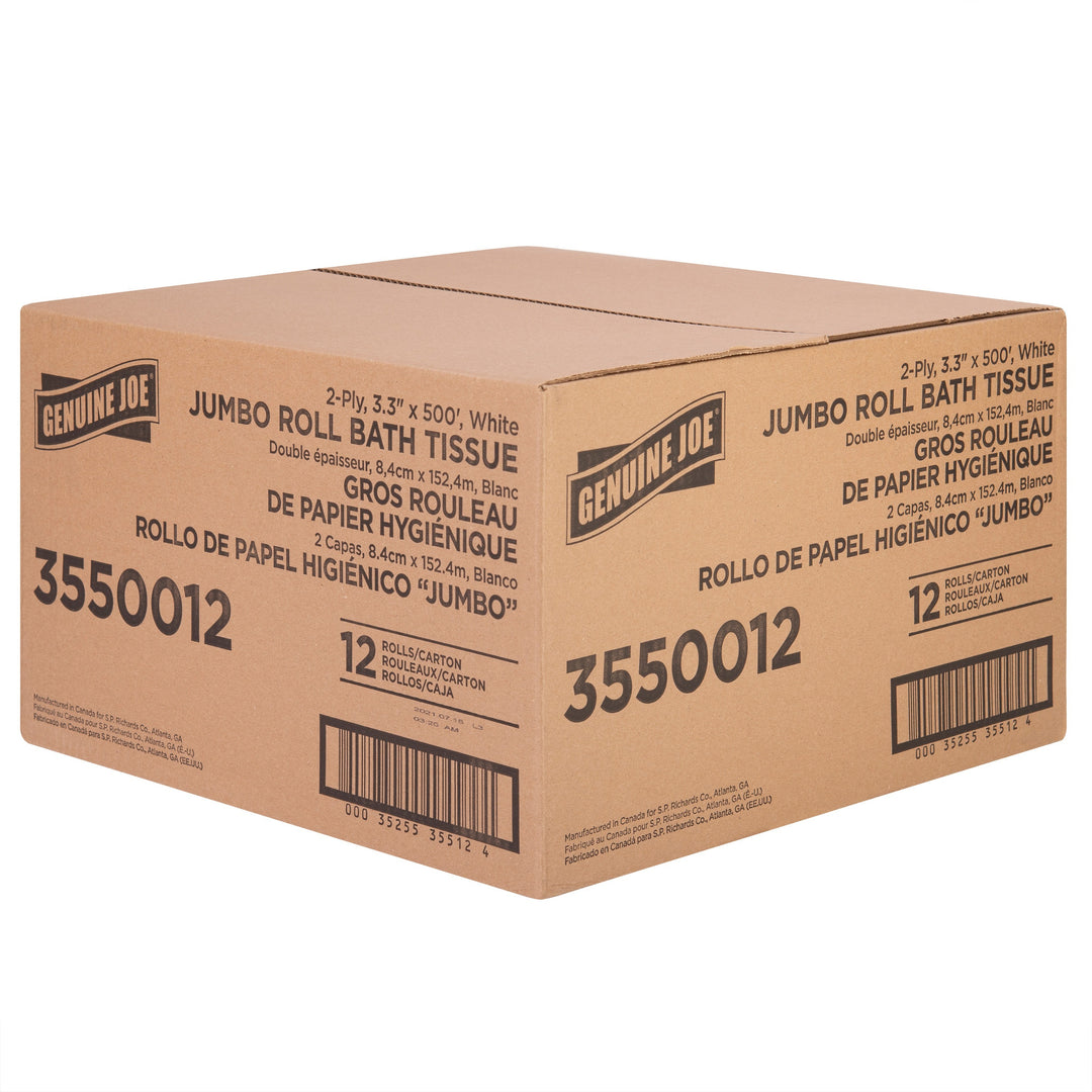 Image of Genuine Joe Bath Tissue Roll,Jumbo,2-Ply,3.3"x500',8.88"Dia,12/CT, WE
