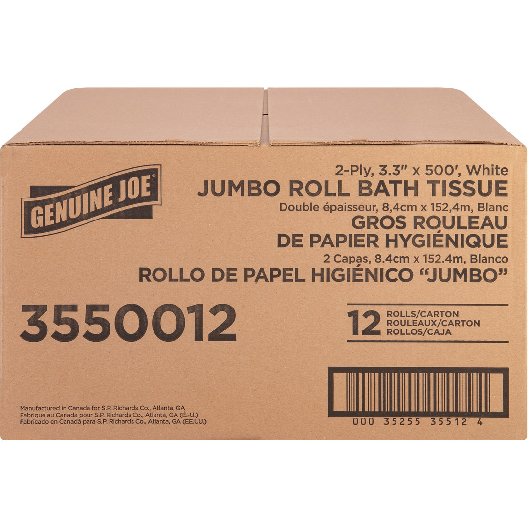 Image of Genuine Joe Bath Tissue Roll,Jumbo,2-Ply,3.3"x500',8.88"Dia,12/CT, WE