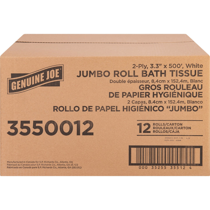 Image of Genuine Joe Bath Tissue Roll,Jumbo,2-Ply,3.3"x500',8.88"Dia,12/CT, WE