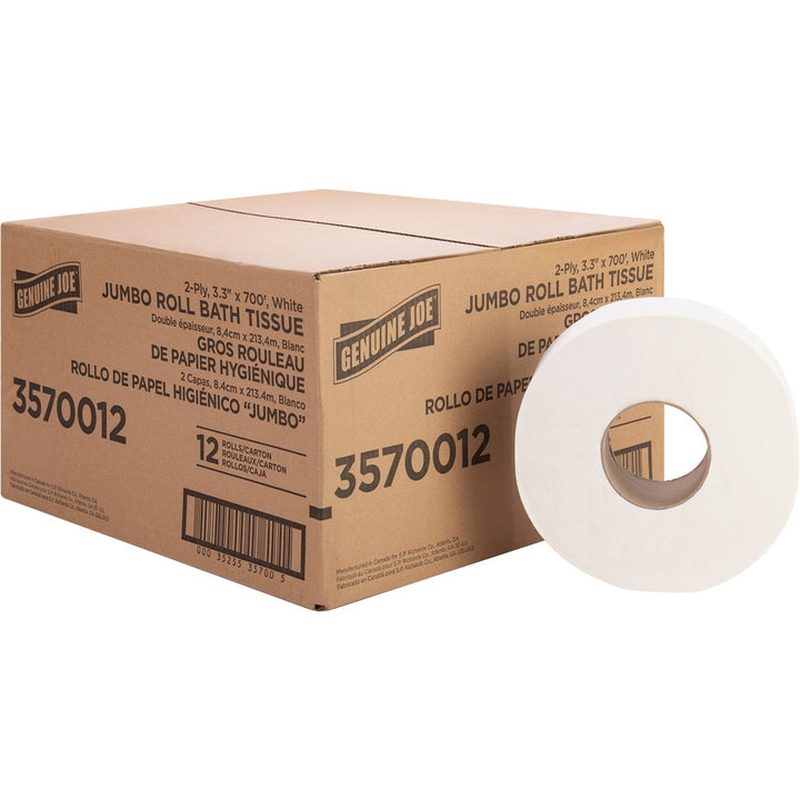 Image of Genuine Joe Bath Tissue Roll,Jumbo,2-Ply,3.3"x700',8.88"Dia,12/CT,WE