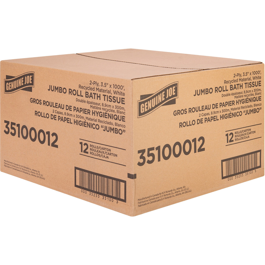 Image of Genuine Joe Bath Tissue Roll,Jumbo,2-Ply,3.5"x1000',8.88"Dia,12/CT, WE