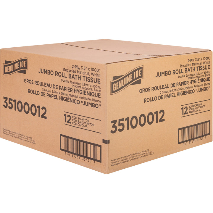 Image of Genuine Joe Bath Tissue Roll,Jumbo,2-Ply,3.5"x1000',8.88"Dia,12/CT, WE