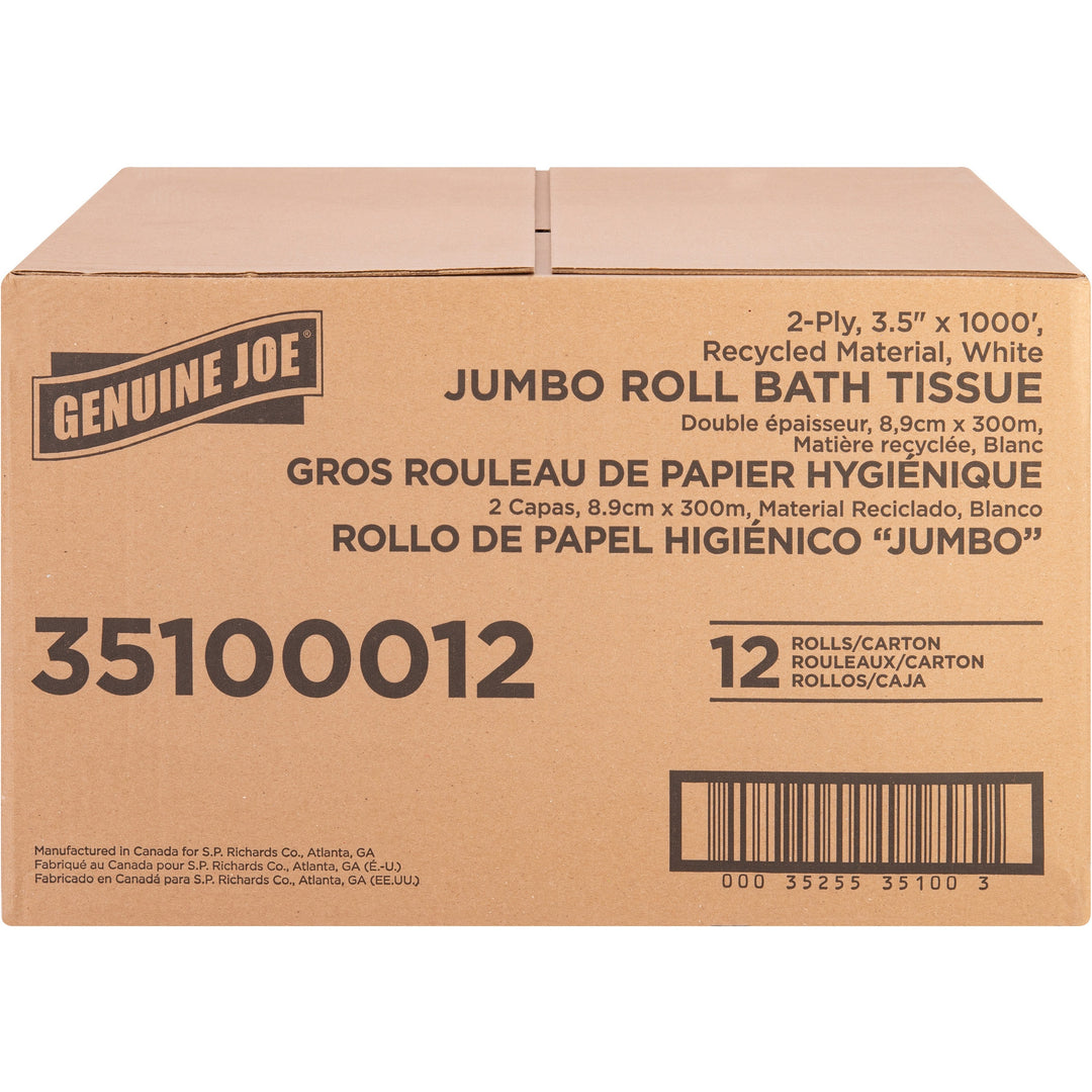 Image of Genuine Joe Bath Tissue Roll,Jumbo,2-Ply,3.5"x1000',8.88"Dia,12/CT, WE