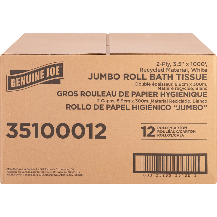 Image of Genuine Joe Bath Tissue Roll,Jumbo,2-Ply,3.5"x1000',8.88"Dia,12/CT, WE
