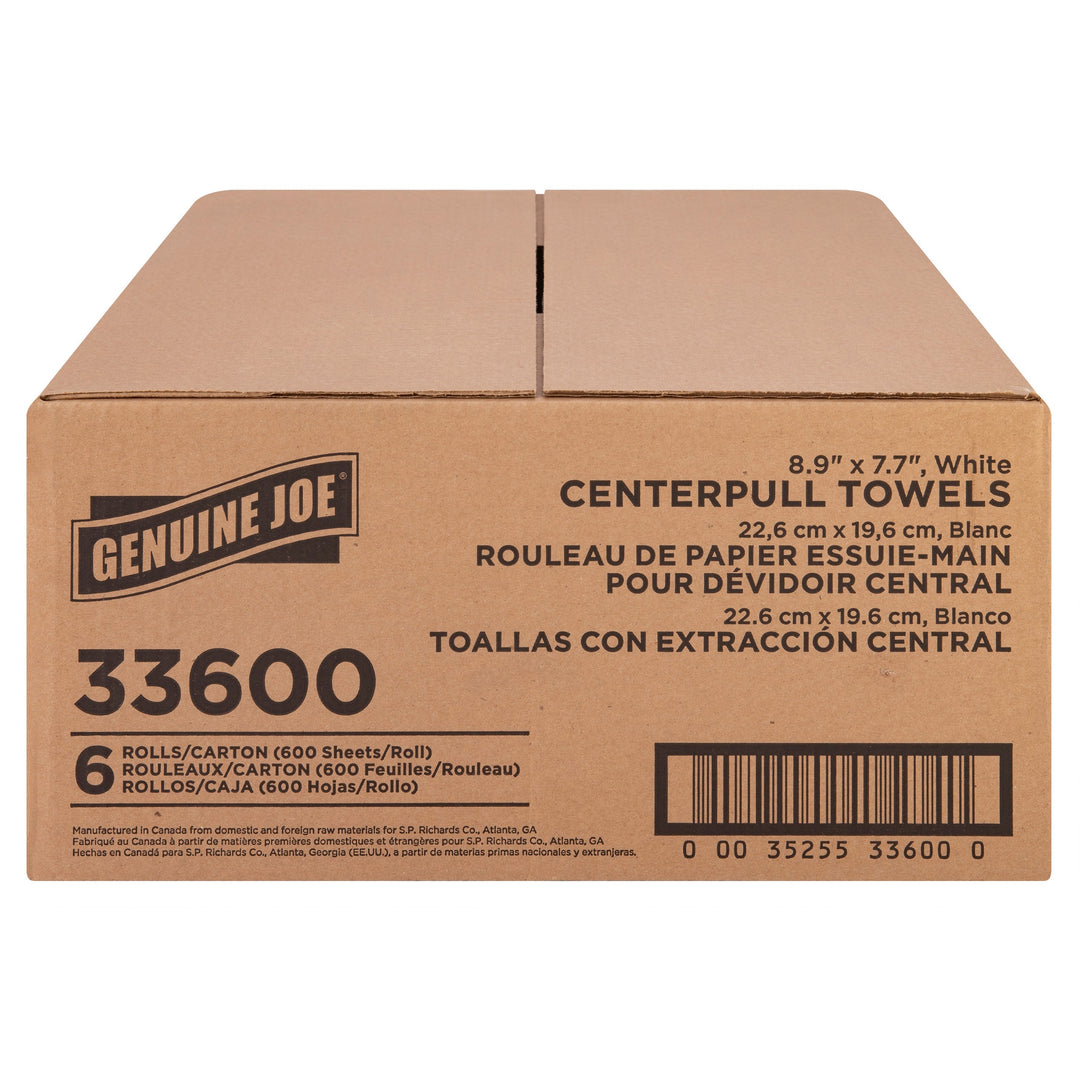 Image of Genuine Joe Centerpull Towel Rolls,7.65"x8.9",600Sht/RL,6RL/CT,White