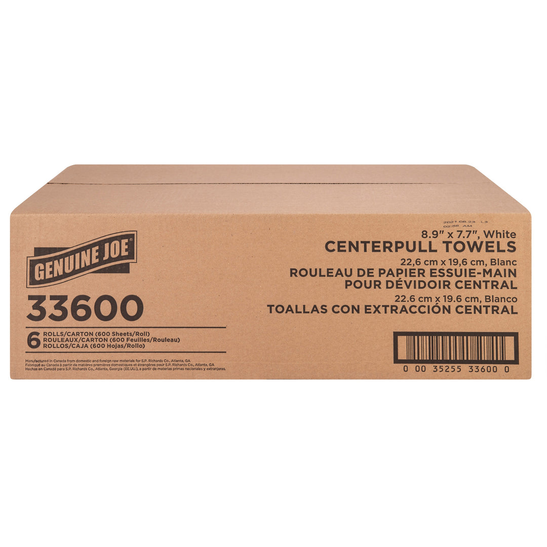 Image of Genuine Joe Centerpull Towel Rolls,7.65"x8.9",600Sht/RL,6RL/CT,White