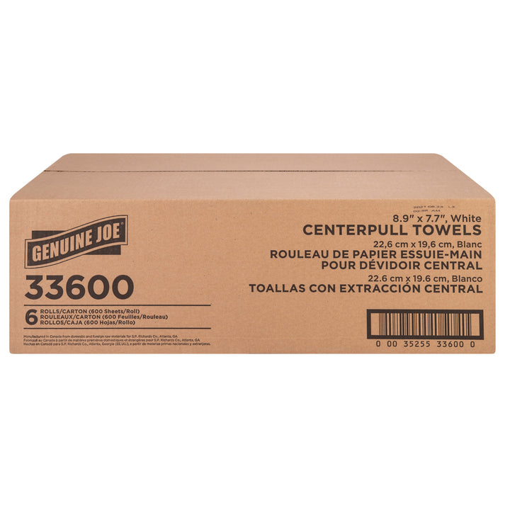 Image of Genuine Joe Centerpull Towel Rolls,7.65"x8.9",600Sht/RL,6RL/CT,White