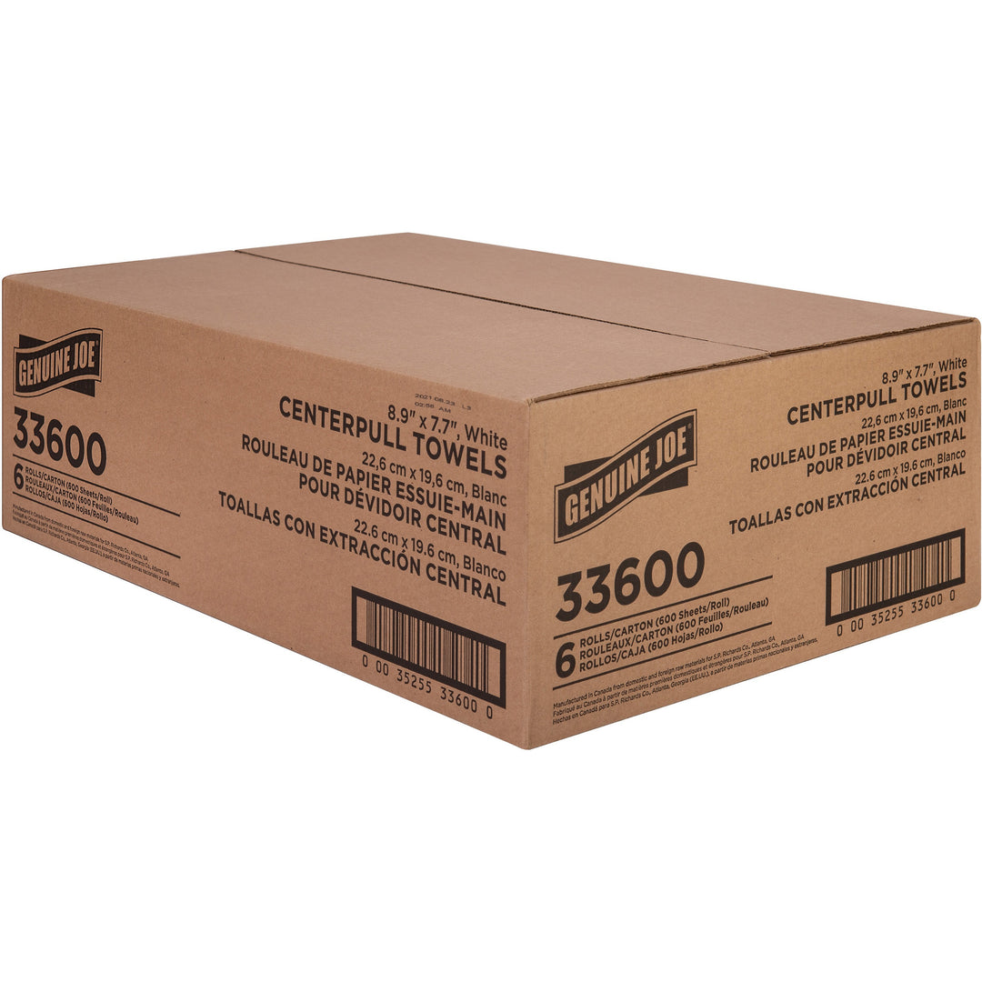 Image of Genuine Joe Centerpull Towel Rolls,7.65"x8.9",600Sht/RL,6RL/CT,White