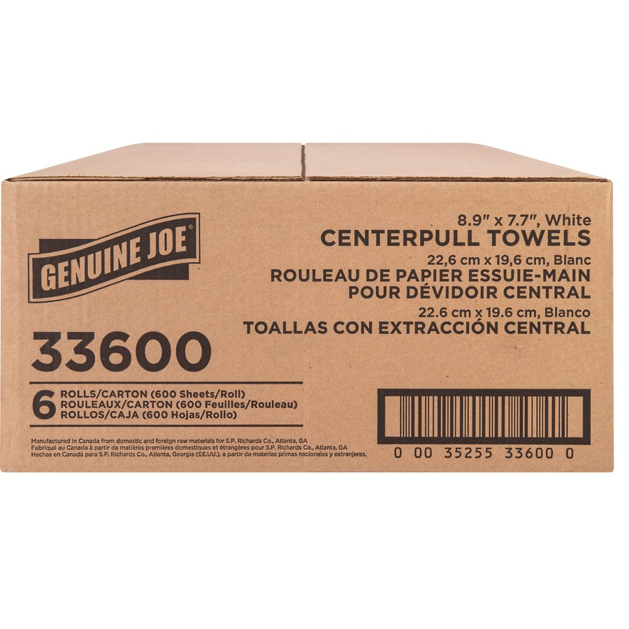 Image of Genuine Joe Centerpull Towel Rolls,7.65"x8.9",600Sht/RL,6RL/CT,White