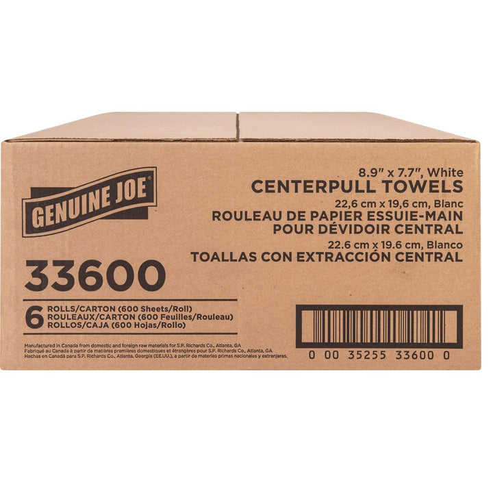 Image of Genuine Joe Centerpull Towel Rolls,7.65"x8.9",600Sht/RL,6RL/CT,White