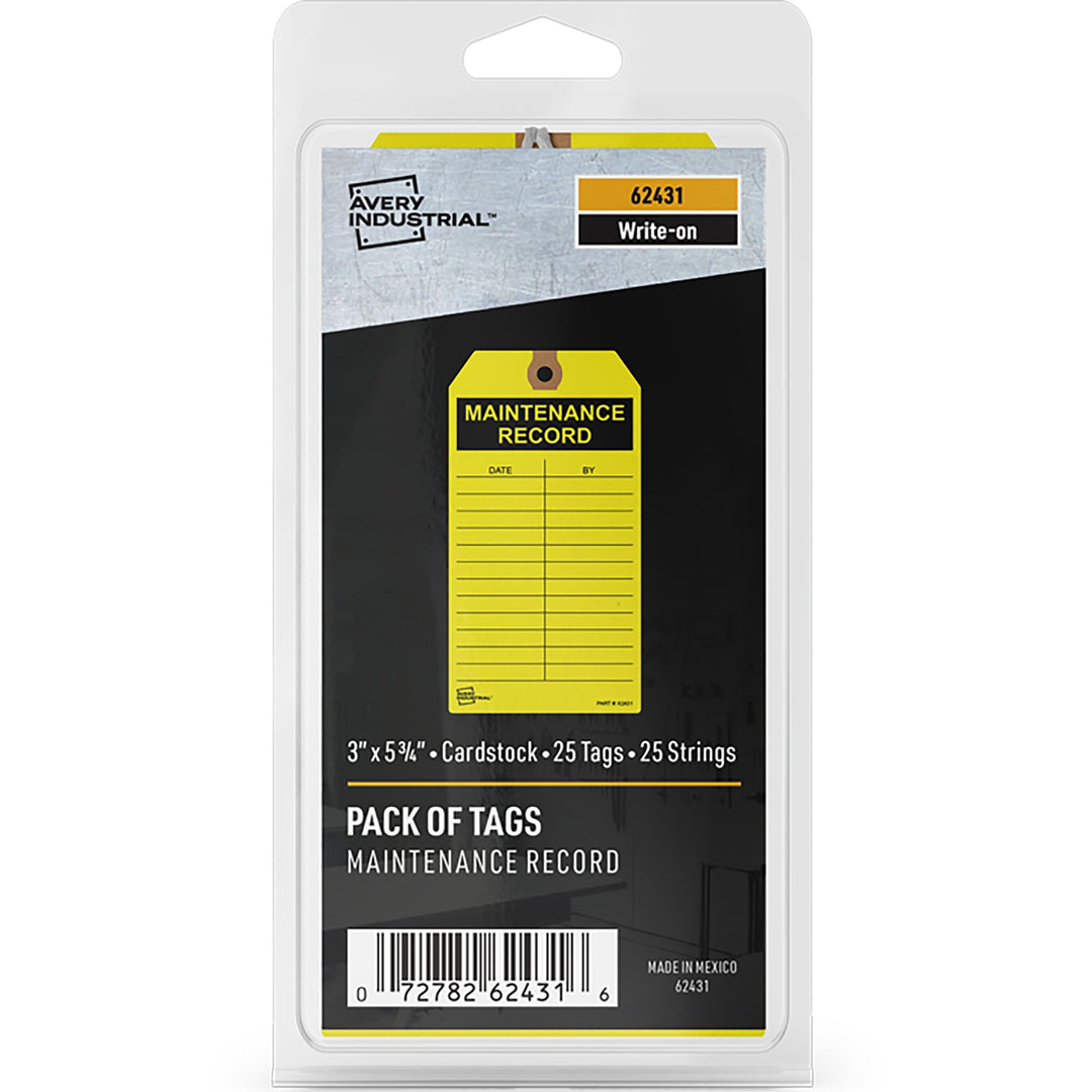Image of Avery® 62431 Preprinted MAINTENANCE RECORD Hang Tags, 5.75" L x 3" Width, Card Stock, Yellow, 1 Pack
