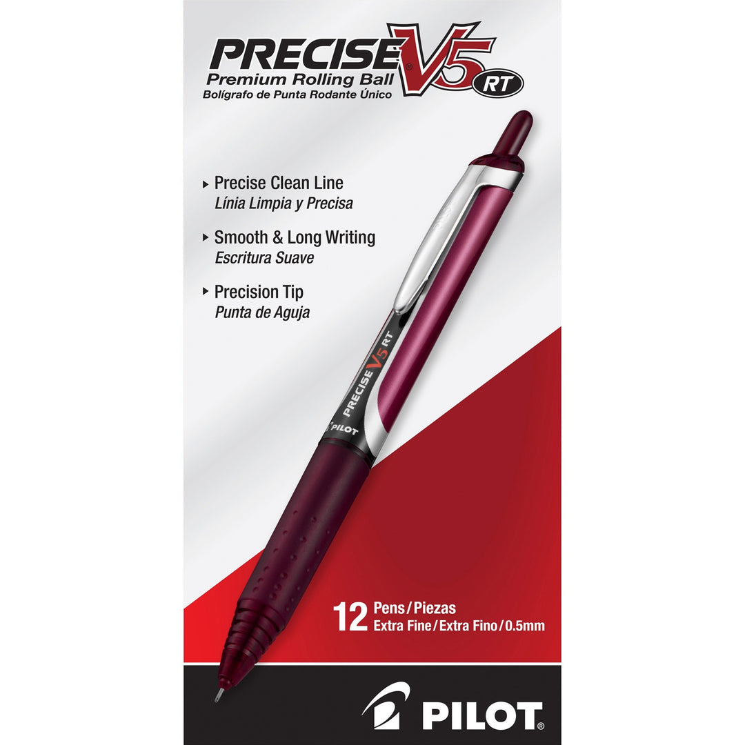 Image of Pilot® Precise V5RT Rollerball Pen, Retractable, Extra-Fine 0.5 mm, Burgundy Ink, Burgundy/Silver Barrel, Dozen