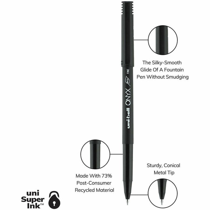 Image of uniball® ONYX Rollerball Pen, Stick, Fine 0.7 mm, Black Ink, Black Barrel, 72/Pack