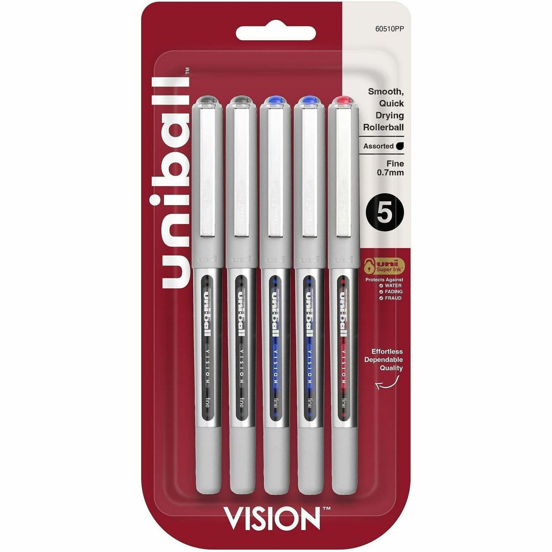 Image of uniball™ 60510PP Vision Rollerball Pen, 0.7 mm Fine Pen Point, Black, Blue, Red Ink, 5 / Pack