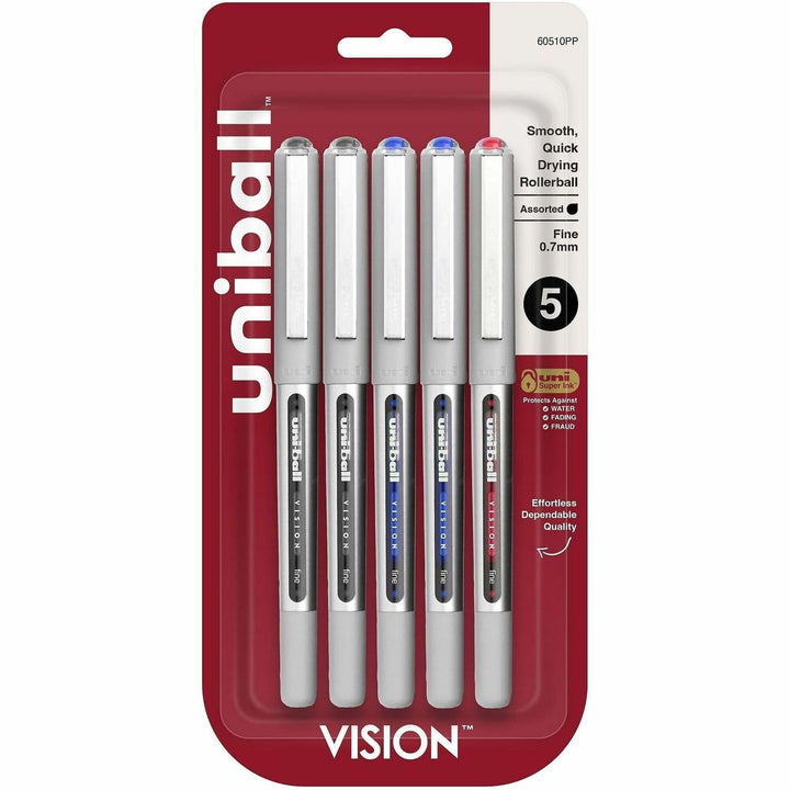 Image of uniball™ 60510PP Vision Rollerball Pen, 0.7 mm Fine Pen Point, Black, Blue, Red Ink, 5 / Pack