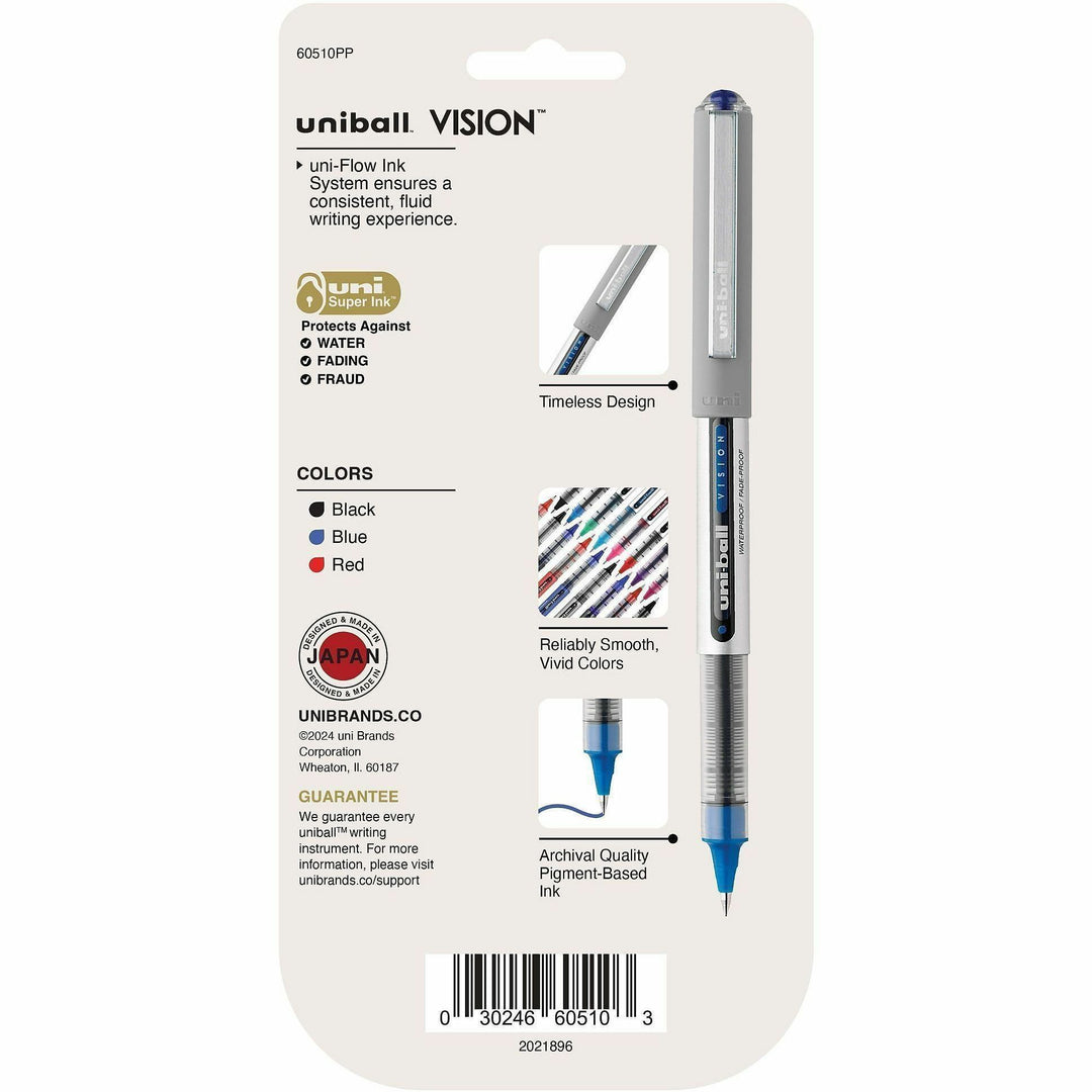 Image of uniball™ 60510PP Vision Rollerball Pen, 0.7 mm Fine Pen Point, Black, Blue, Red Ink, 5 / Pack