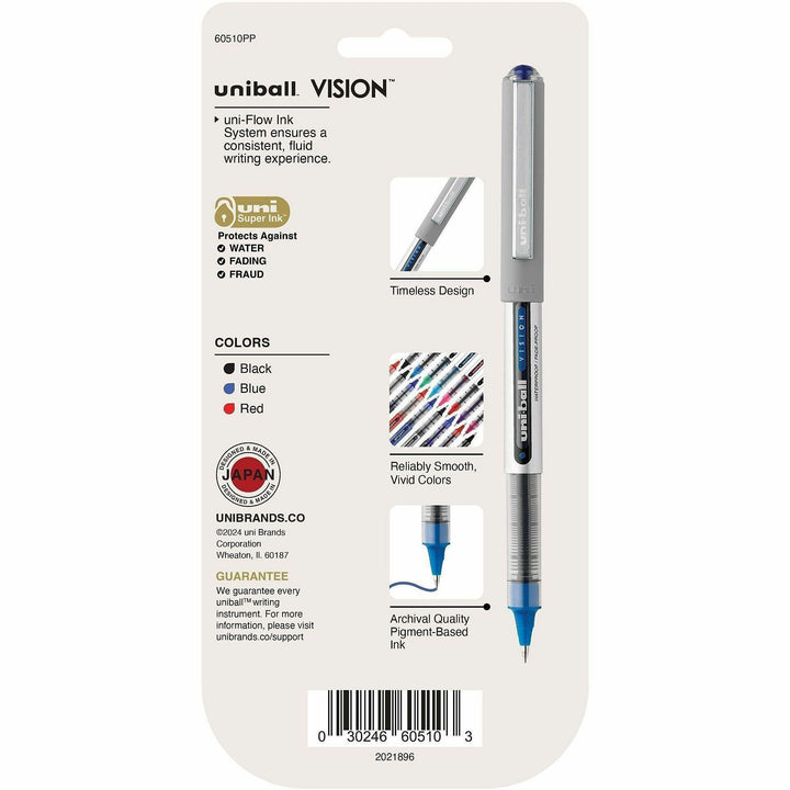 Image of uniball™ 60510PP Vision Rollerball Pen, 0.7 mm Fine Pen Point, Black, Blue, Red Ink, 5 / Pack